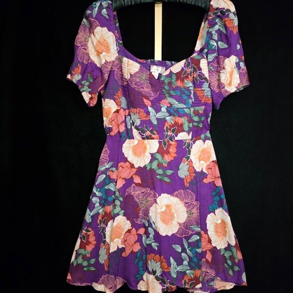 NWT Band Of The Free Aimee Purple Floral Puff Sleeve Mini Dress M & L - Picture 2 of 13